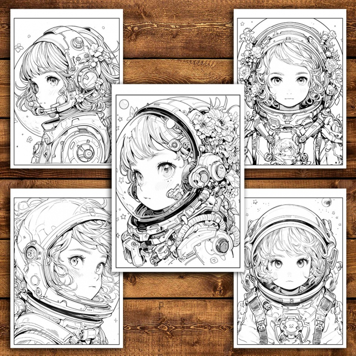Carte de colorat pentru adulti, 50 de ilustratii Anime Space Girls, 106 pagini [4]