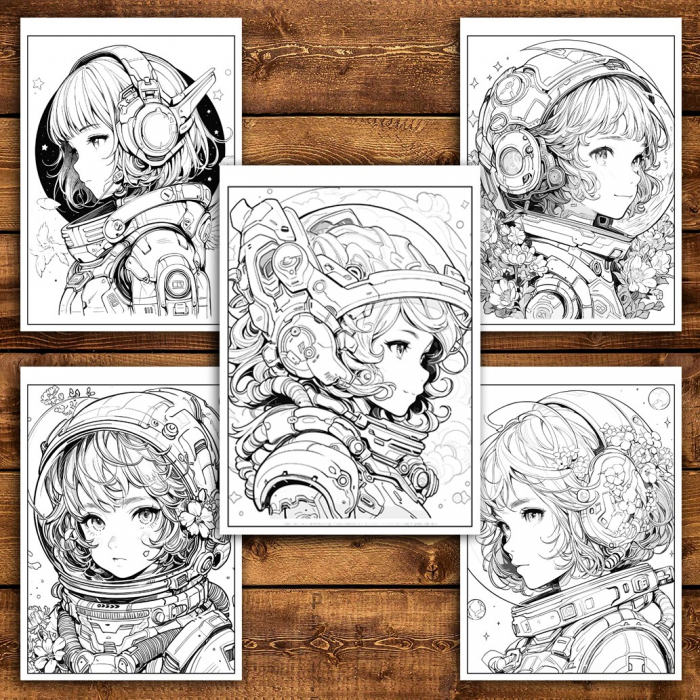 Carte de colorat pentru adulti, 50 de ilustratii Anime Space Girls, 106 pagini [5]