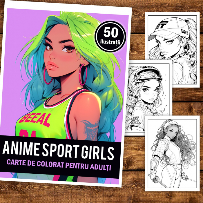 Carte de colorat pentru adulti, 50 de ilustratii Anime Sports Girls, 106 pagini [2]