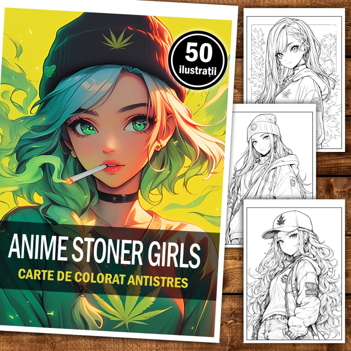 Carte de colorat pentru adulti, 50 de ilustratii Anime Stoner Girls, 106 pagini [2]