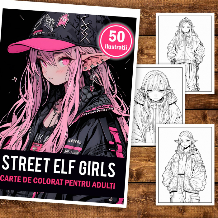 Carte de colorat pentru adulti, 50 de ilustratii Anime Street Elves, 106 pagini [2]