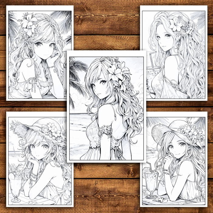 Carte de colorat pentru adulti, 50 de ilustratii, Anime Summer Girls, 106 pagini [5]
