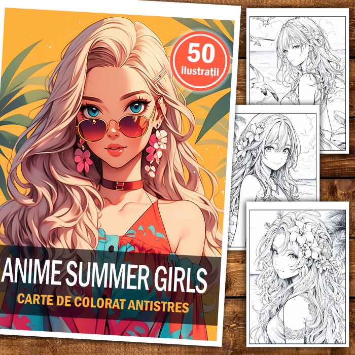Carte de colorat pentru adulti, 50 de ilustratii, Anime Summer Girls, 106 pagini [2]