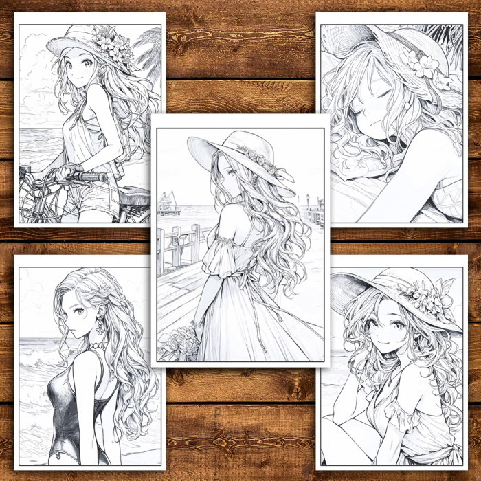 Carte de colorat pentru adulti, 50 de ilustratii, Anime Summer Girls, 106 pagini [4]