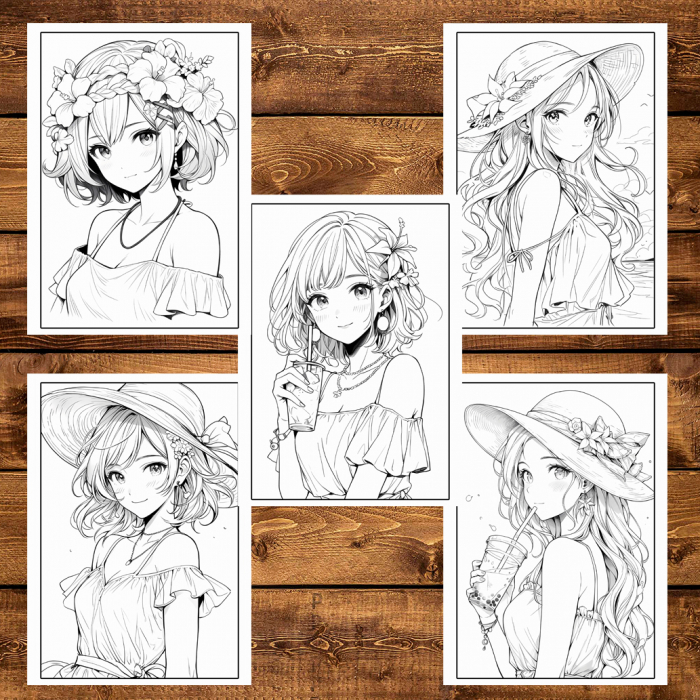 Carte de colorat pentru adulti, 50 de ilustratii, Anime Summer Girls, 106 pagini [6]