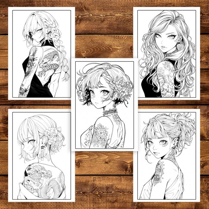 Carte de colorat pentru adulti, 50 de ilustratii, Anime Tattoo Girls, 106 pagini [4]