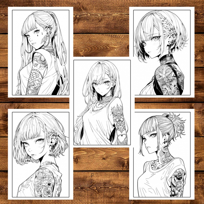 Carte de colorat pentru adulti, 50 de ilustratii, Anime Tattoo Girls, 106 pagini [6]