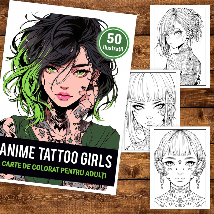 Carte de colorat pentru adulti, 50 de ilustratii, Anime Tattoo Girls, 106 pagini [2]