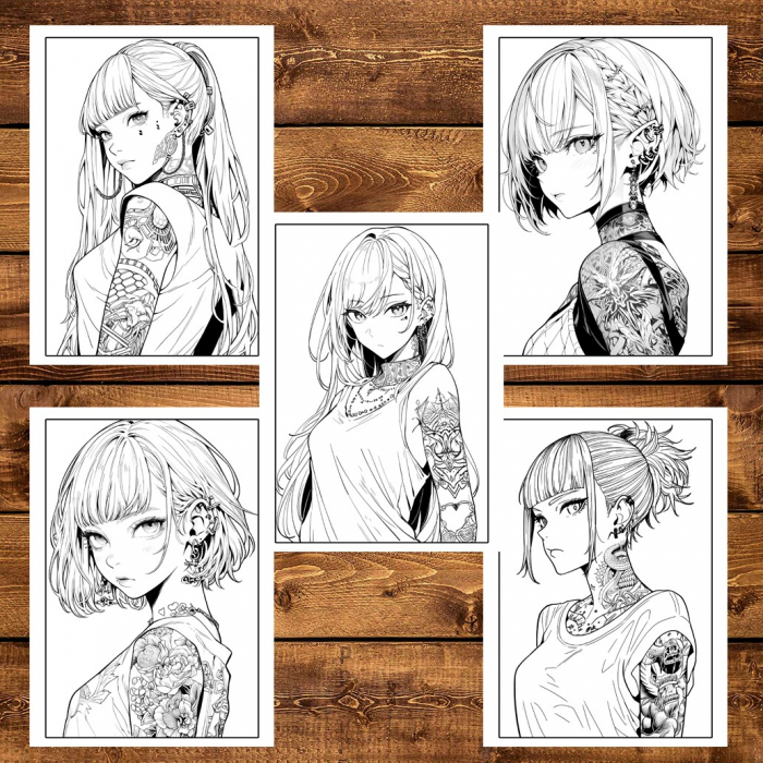 Carte de colorat pentru adulti, 50 de ilustratii, Anime Tattoo Girls, 106 pagini [6]