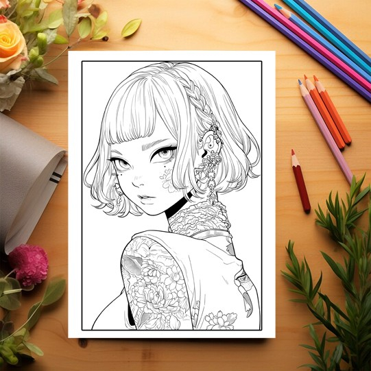 Carte de colorat pentru adulti, 50 de ilustratii, Anime Tattoo Girls, 106 pagini [3]