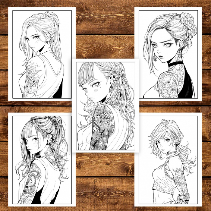 Carte de colorat pentru adulti, 50 de ilustratii, Anime Tattoo Girls, 106 pagini [5]