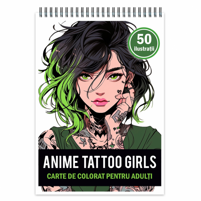Carte de colorat pentru adulti, 50 de ilustratii, Anime Tattoo Girls, 106 pagini [1]