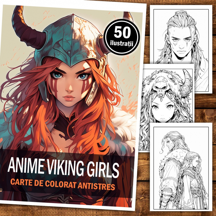 Carte de colorat pentru adulti, 50 de ilustratii, Anime Vikings, 106 pagini [2]