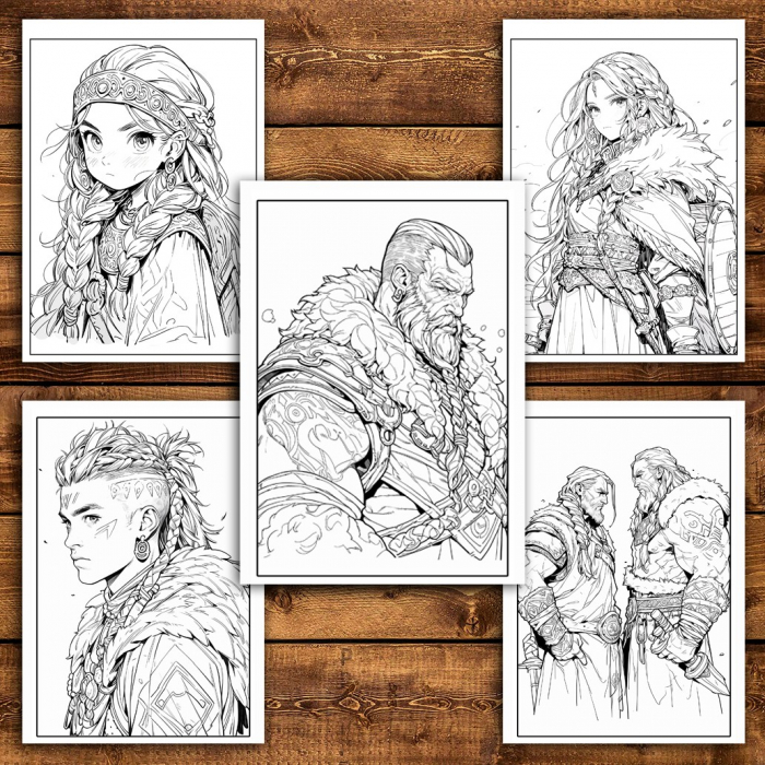 Carte de colorat pentru adulti, 50 de ilustratii, Anime Vikings, 106 pagini [5]