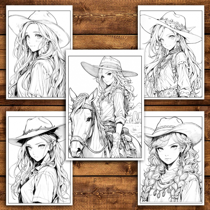 Carte de colorat pentru adulti, 50 de ilustratii Anime Wild West, 106 pagini [3]