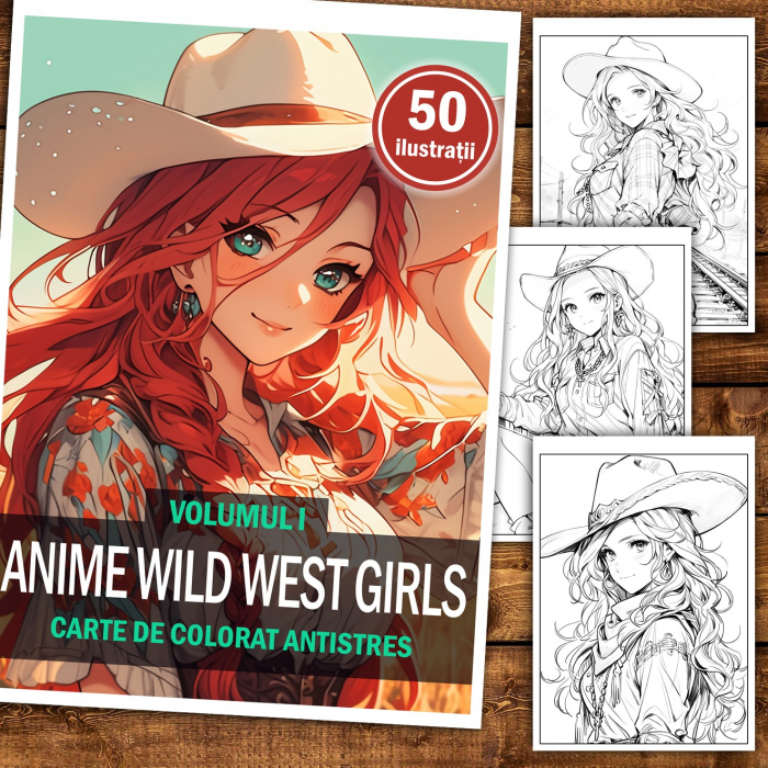 Carte de colorat pentru adulti, 50 de ilustratii Anime Wild West, 106 pagini [2]