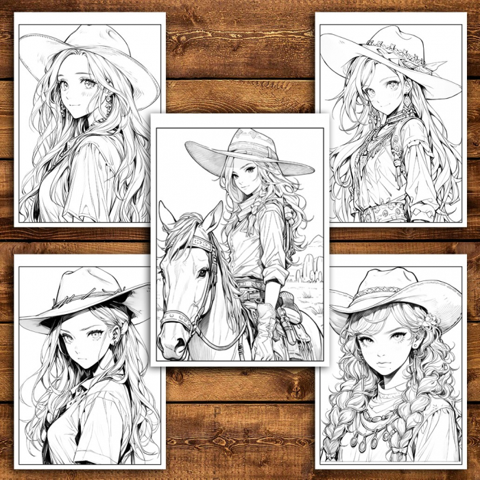 Carte de colorat pentru adulti, 50 de ilustratii Anime Wild West, 106 pagini [3]