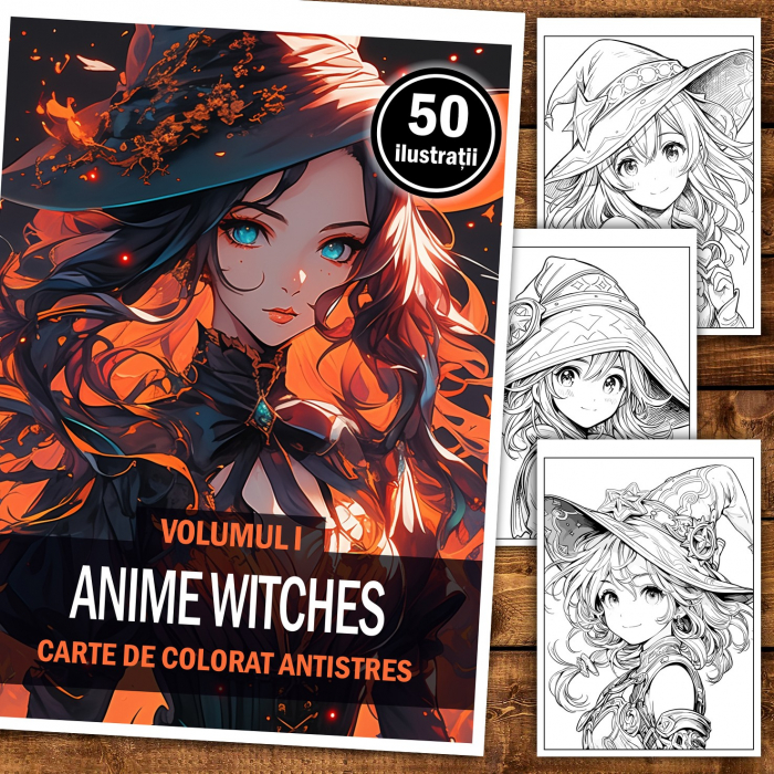 Carte de colorat pentru adulti, 50 de ilustratii Anime Witches, 106 pagini [2]