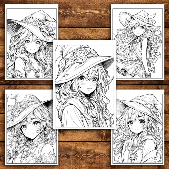 Carte de colorat pentru adulti, 50 de ilustratii Anime Witches, 106 pagini [4]