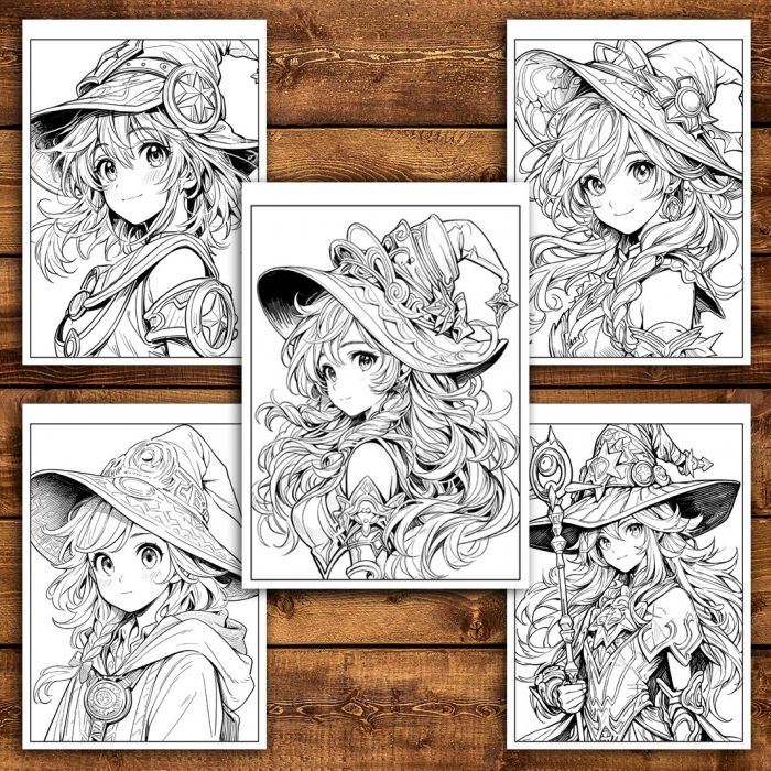 Carte de colorat pentru adulti, 50 de ilustratii Anime Witches, 106 pagini [5]