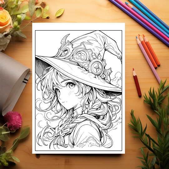 Carte de colorat pentru adulti, 50 de ilustratii Anime Witches, 106 pagini [3]