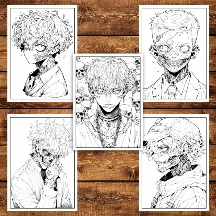Carte de colorat pentru adulti, 50 de ilustratii Anime Zombie Boys, 106 pagini [6]