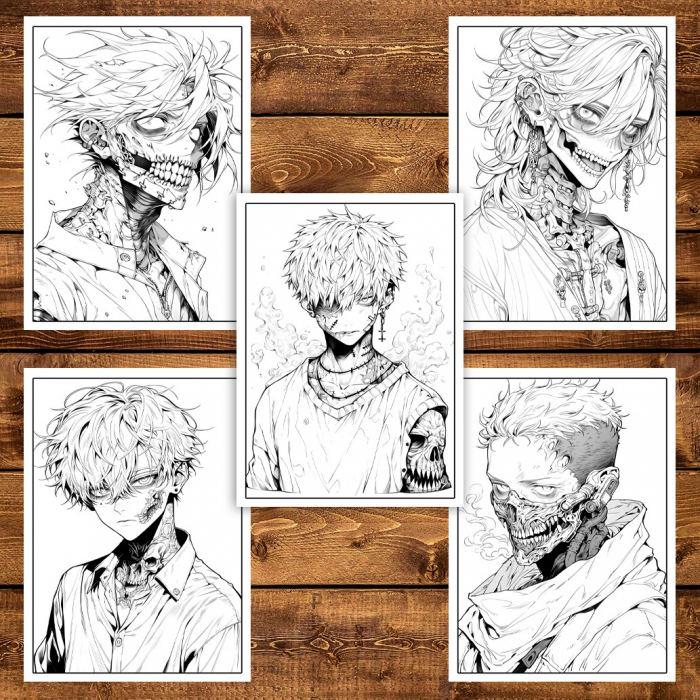 Carte de colorat pentru adulti, 50 de ilustratii Anime Zombie Boys, 106 pagini [4]