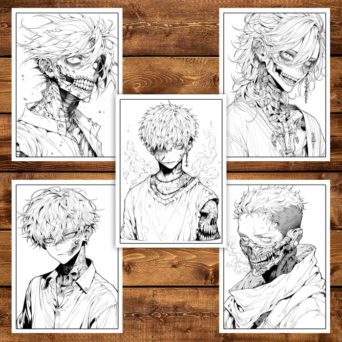 Carte de colorat pentru adulti, 50 de ilustratii Anime Zombie Boys, 106 pagini [4]