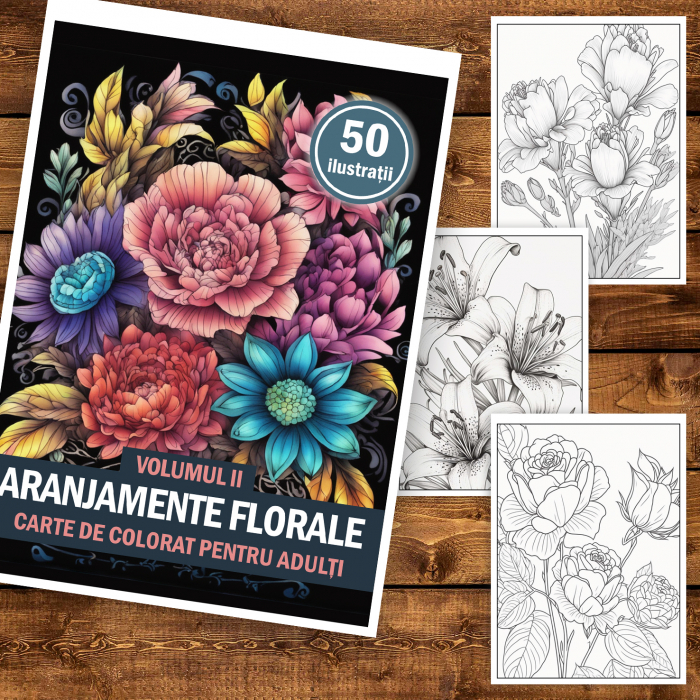 Carte de colorat pentru adulti, 50 de ilustratii, Aranjamente Florale - Volumul II, 106 pagini [2]