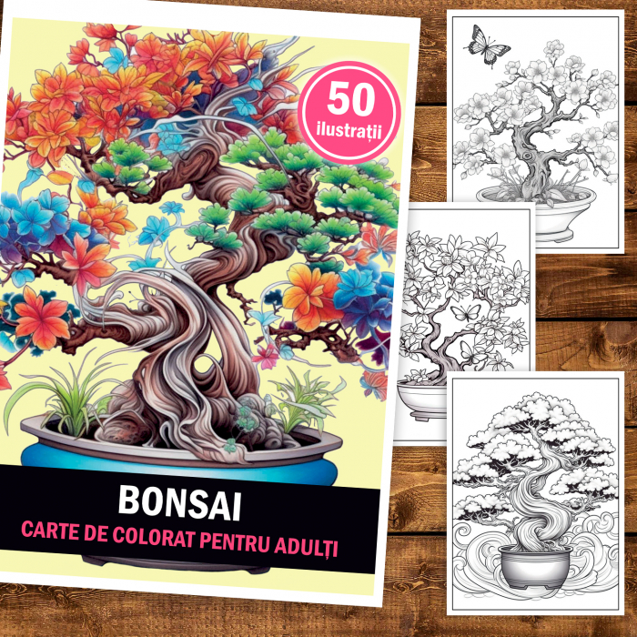 Carte de colorat pentru adulti, 50 de ilustratii, Bonsai, 106 pagini [2]