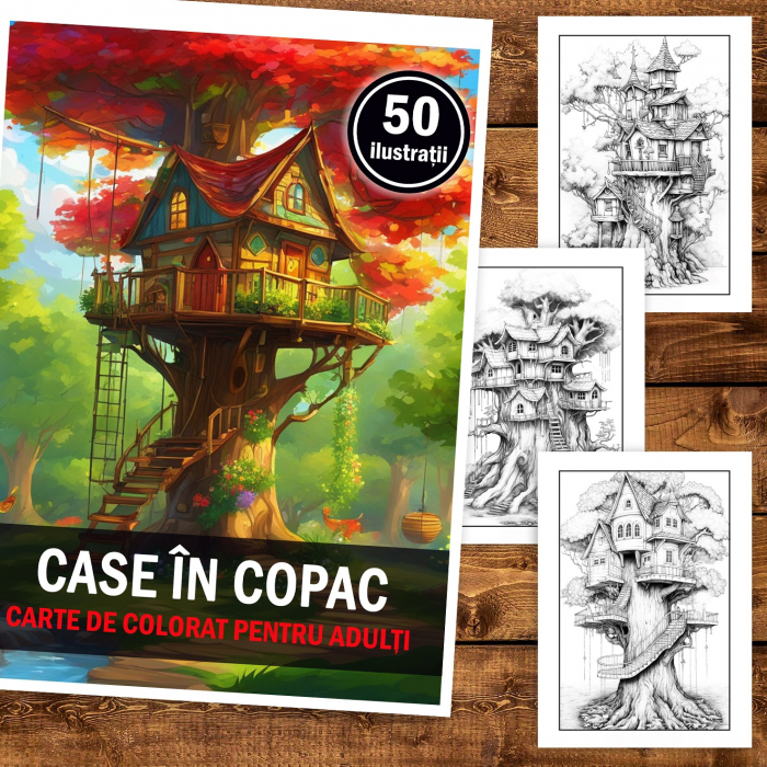 Carte de colorat pentru adulti, 50 de ilustratii, Case in copac, 106 pagini [2]