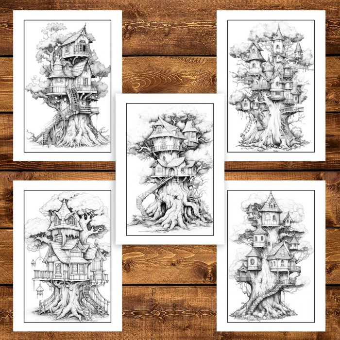 Carte de colorat pentru adulti, 50 de ilustratii, Case in copac, 106 pagini [5]