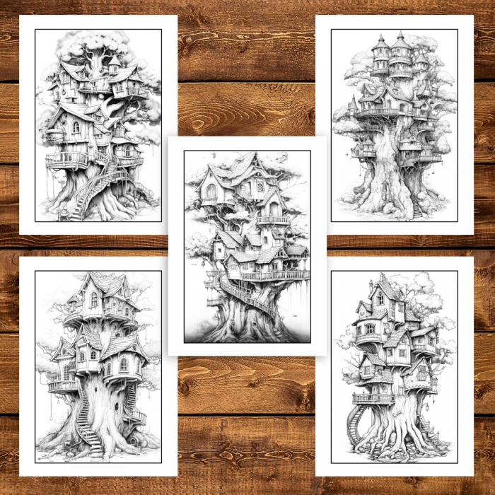 Carte de colorat pentru adulti, 50 de ilustratii, Case in copac, 106 pagini [4]
