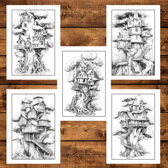 Carte de colorat pentru adulti, 50 de ilustratii, Case in copac, 106 pagini [6]