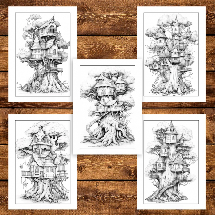 Carte de colorat pentru adulti, 50 de ilustratii, Case in copac, 106 pagini [5]