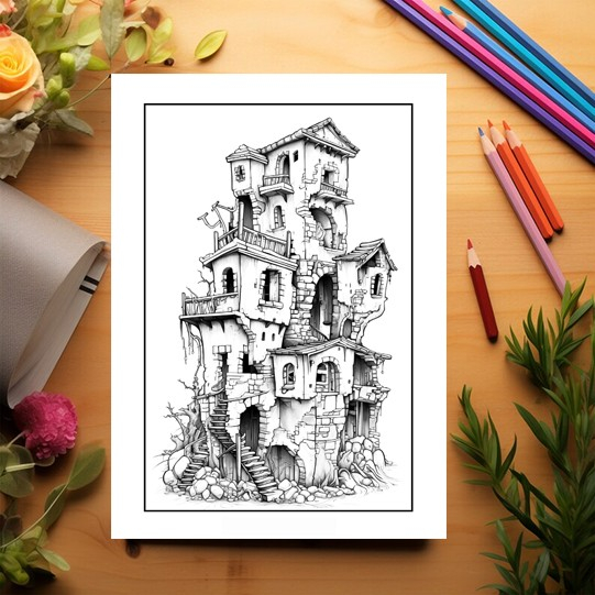 Carte de colorat pentru adulti, 50 de ilustratii, Case in ruine, 106 pagini [3]