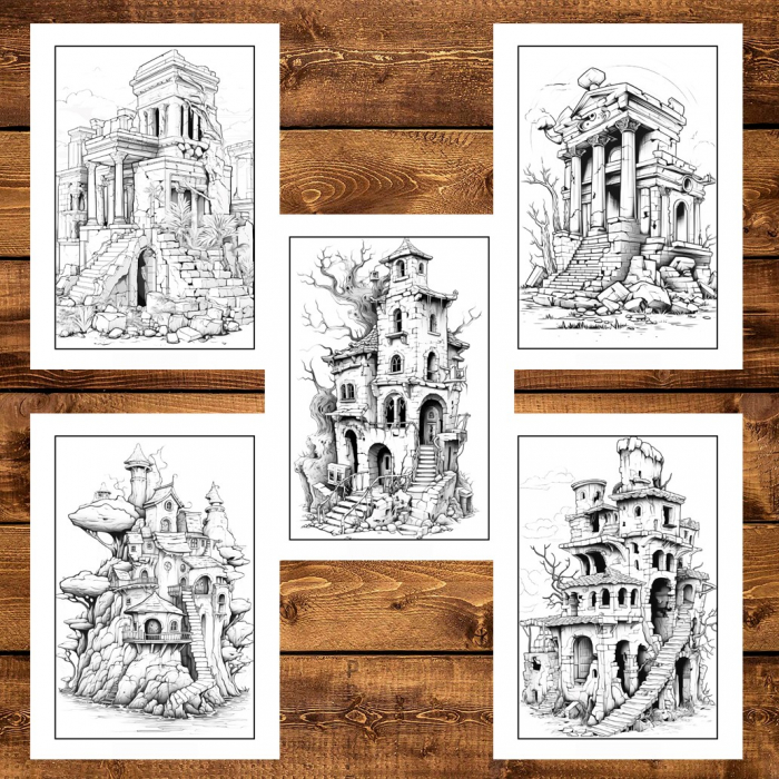 Carte de colorat pentru adulti, 50 de ilustratii, Case in ruine, 106 pagini [6]