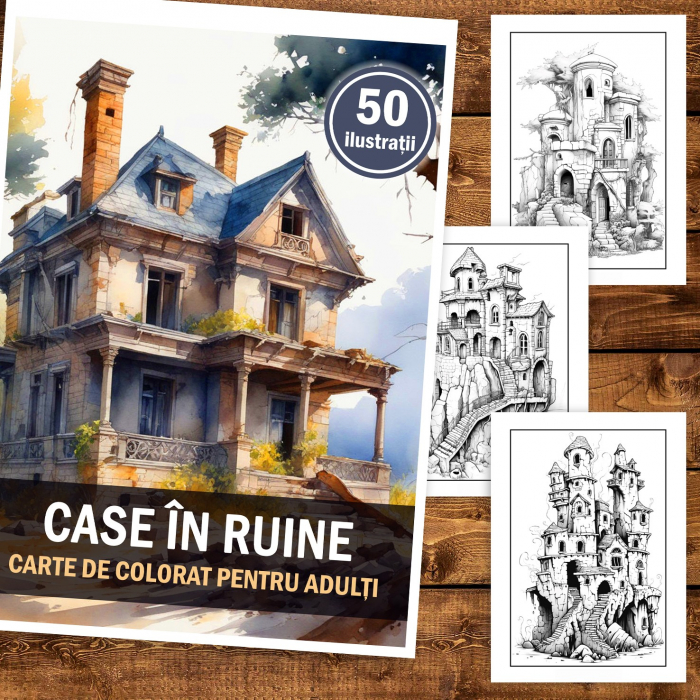 Carte de colorat pentru adulti, 50 de ilustratii, Case in ruine, 106 pagini [2]