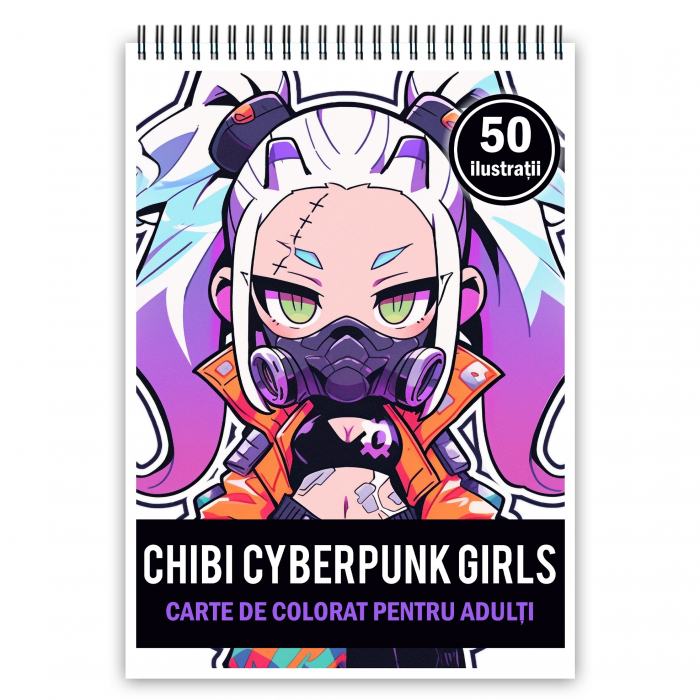 Carte de colorat pentru adulti, 50 de ilustratii Chibi Cyberpunk Girls, 106 pagini [2]