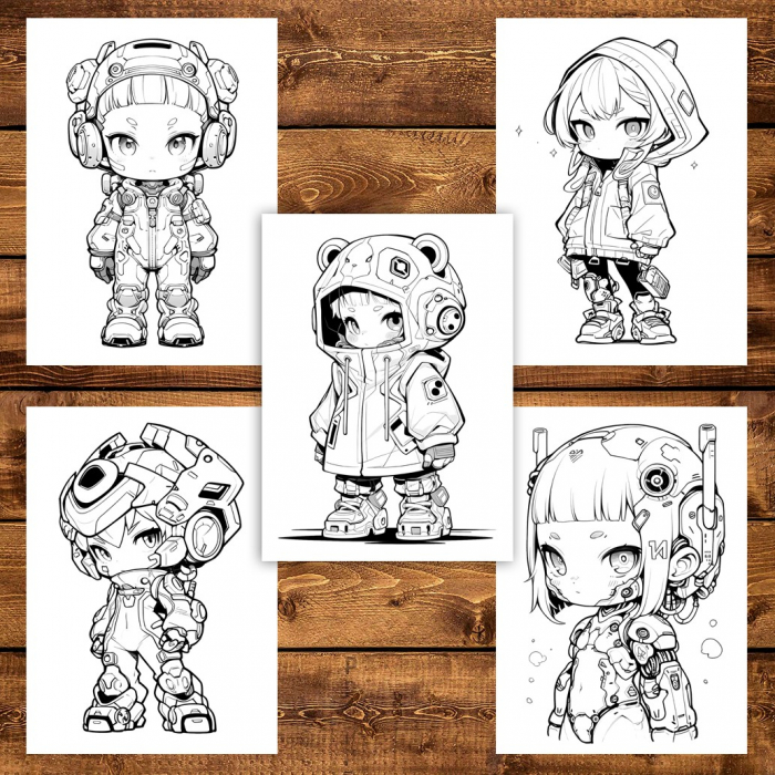 Carte de colorat pentru adulti, 50 de ilustratii Chibi Cyberpunk Girls, 106 pagini [5]
