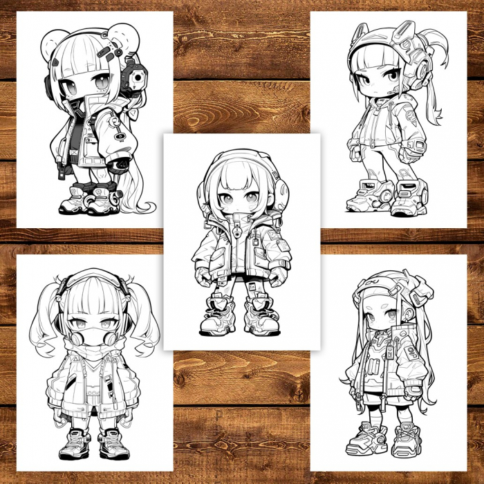 Carte de colorat pentru adulti, 50 de ilustratii Chibi Cyberpunk Girls, 106 pagini [4]