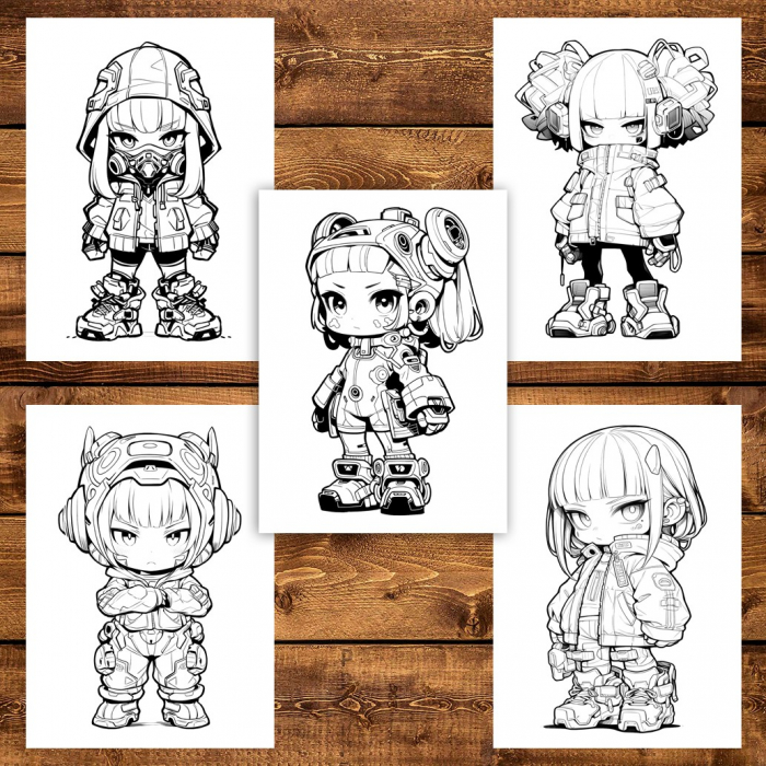 Carte de colorat pentru adulti, 50 de ilustratii Chibi Cyberpunk Girls, 106 pagini [6]