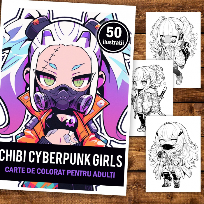 Carte de colorat pentru adulti, 50 de ilustratii Chibi Cyberpunk Girls, 106 pagini [1]