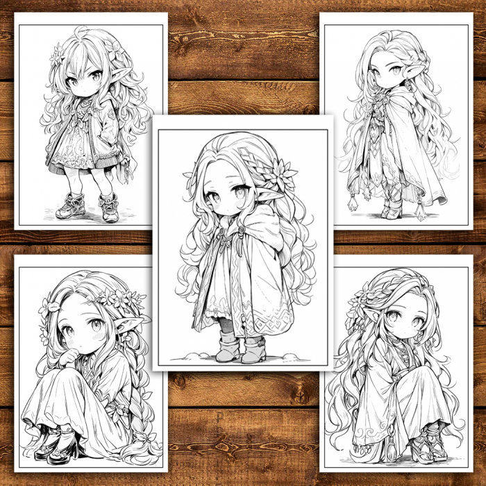 Carte de colorat pentru adulti, 50 de ilustratii Chibi Elf Girls, 106 pagini [5]