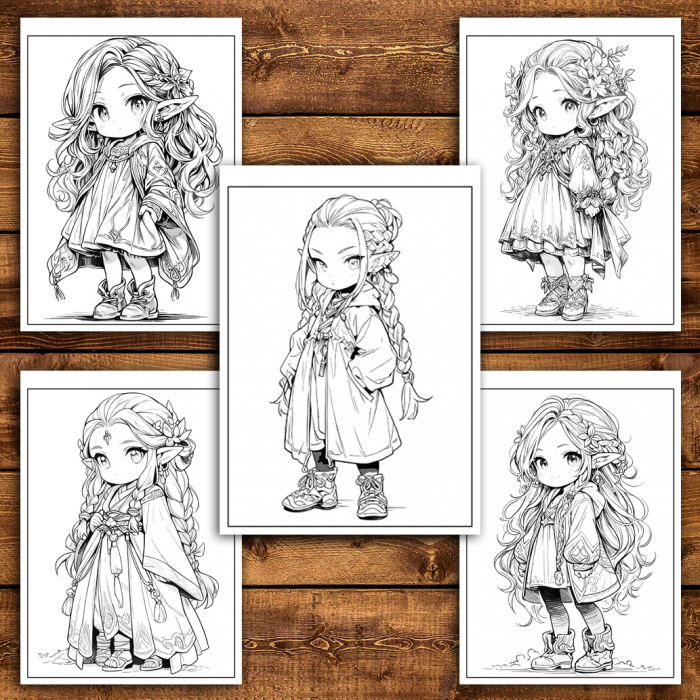 Carte de colorat pentru adulti, 50 de ilustratii Chibi Elf Girls, 106 pagini [4]