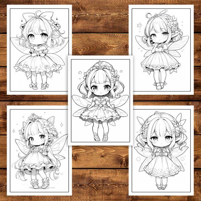 Carte de colorat pentru adulti, 50 de ilustratii Chibi Fairy Girls, 106 pagini [5]