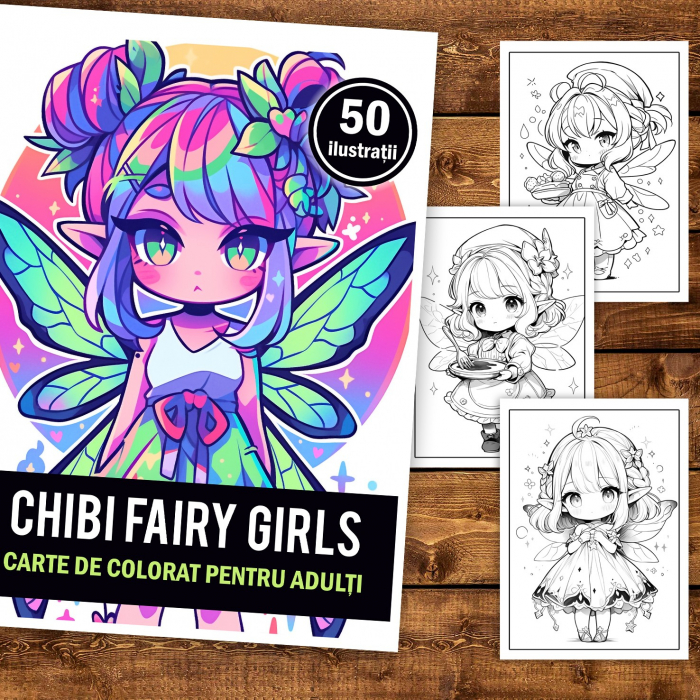 Carte de colorat pentru adulti, 50 de ilustratii Chibi Fairy Girls, 106 pagini [1]