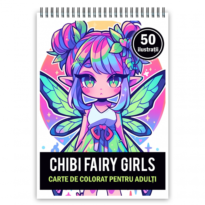 Carte de colorat pentru adulti, 50 de ilustratii Chibi Fairy Girls, 106 pagini [3]