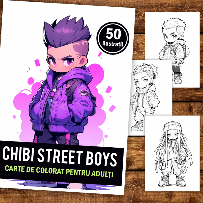 Carte de colorat pentru adulti, 50 de ilustratii Chibi Street Boys, 106 pagini [2]