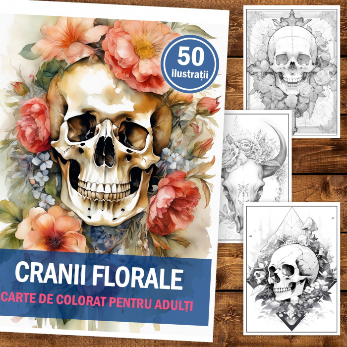 Carte de colorat pentru adulti, 50 de ilustratii, Cranii Florale, 106 pagini [2]